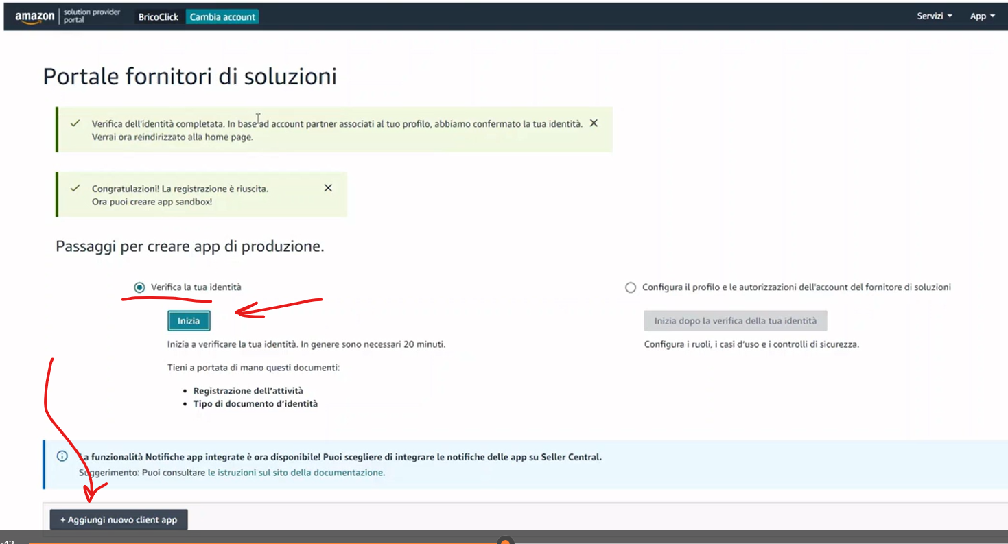 Schermata Seller Central con il pulsante Aggiungi nuovo client app