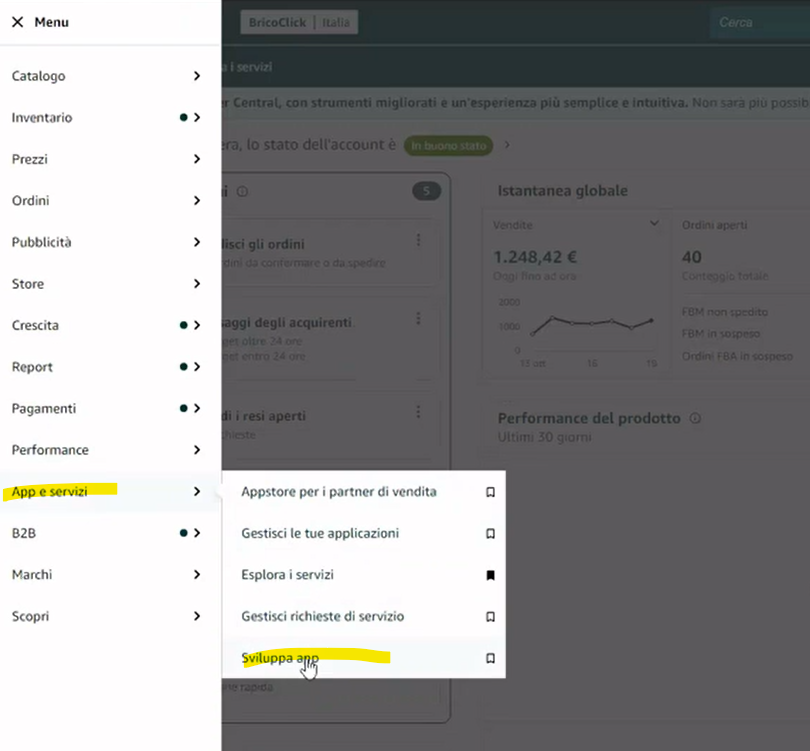 Menu di Seller Central aperto su App e servizi, con la voce Sviluppa app